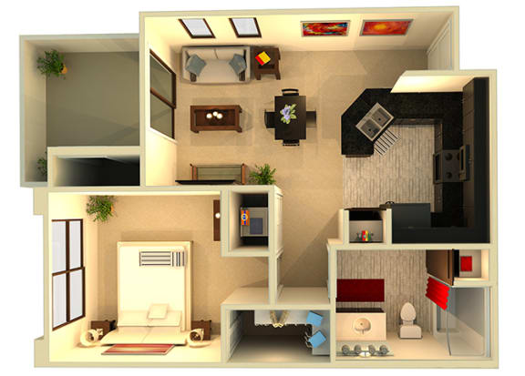 Almeria at Ocotillo A1 floor plan - 1 bedroom 1 bath - 3D